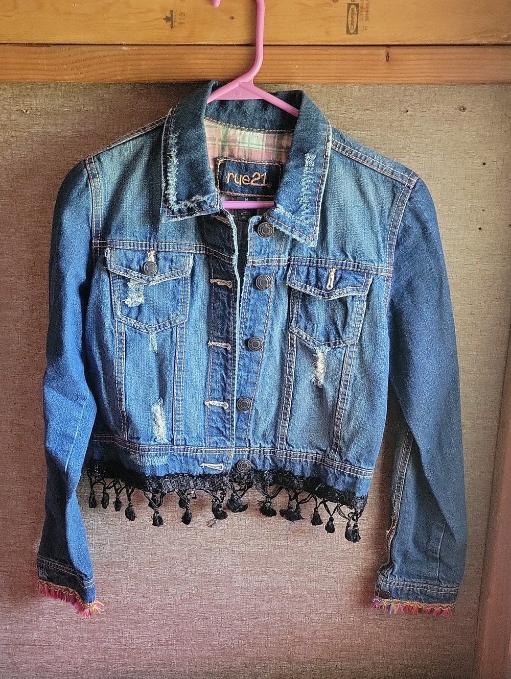 Rue21 Blue Distressed Cropped Denim Jacket with Black Tassel Hem